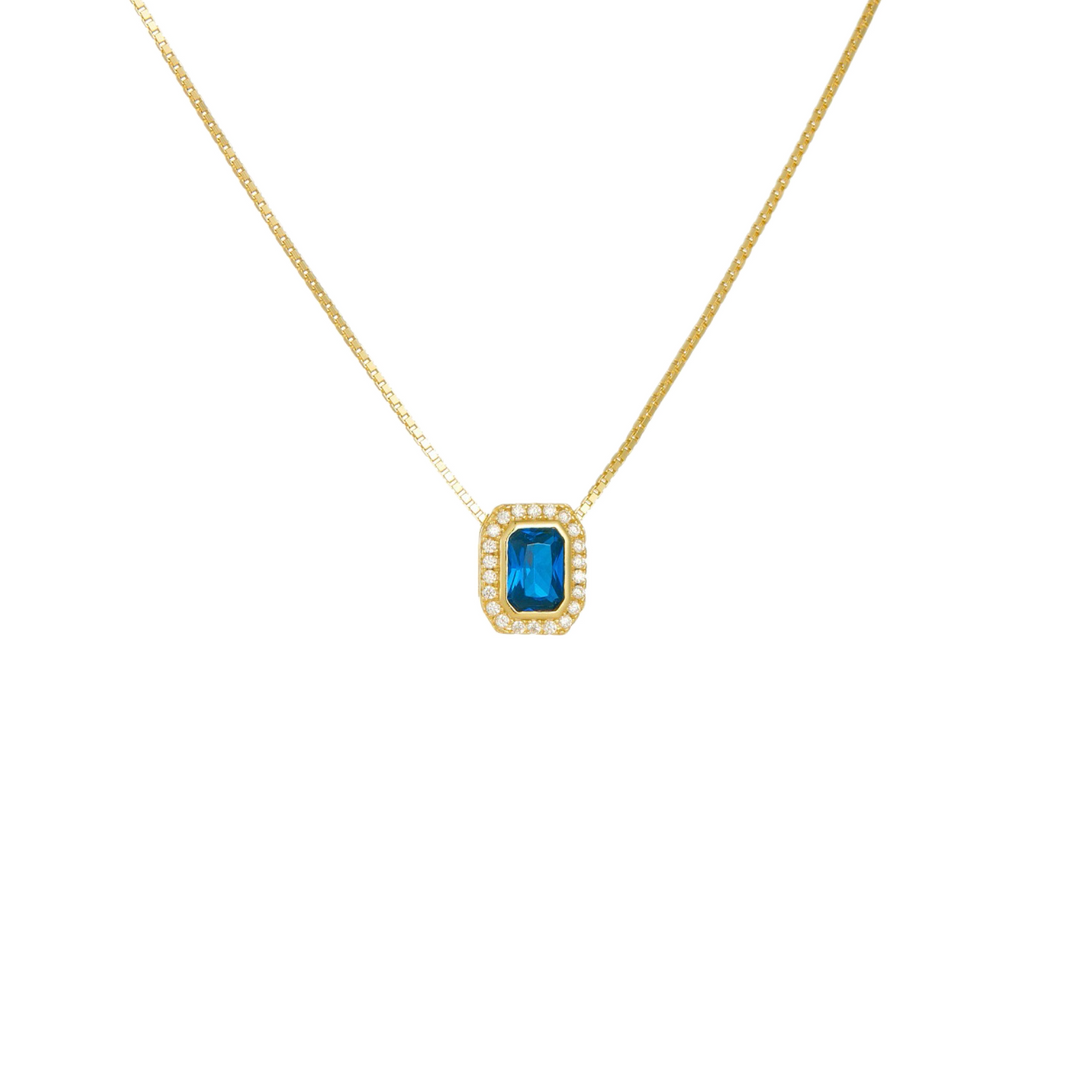 Emerald cut blue zircon halo necklace in S925 silver.