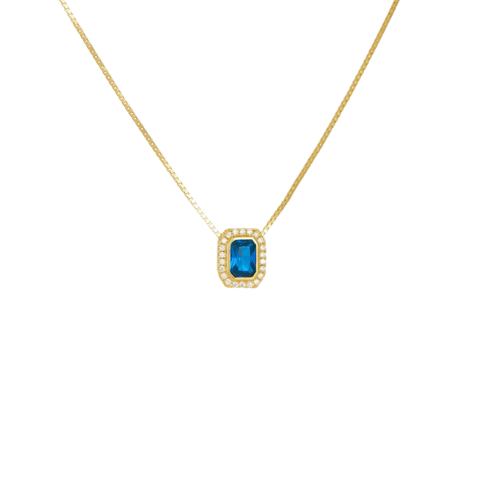 Emerald cut blue zircon halo necklace in S925 silver.