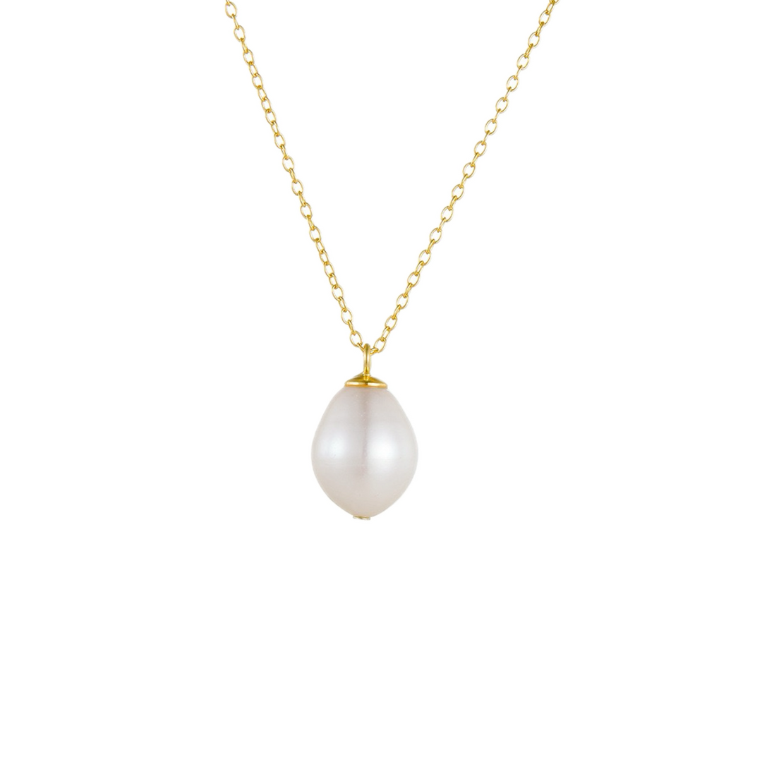 Gold necklace with dangling natural freshwater pearl.