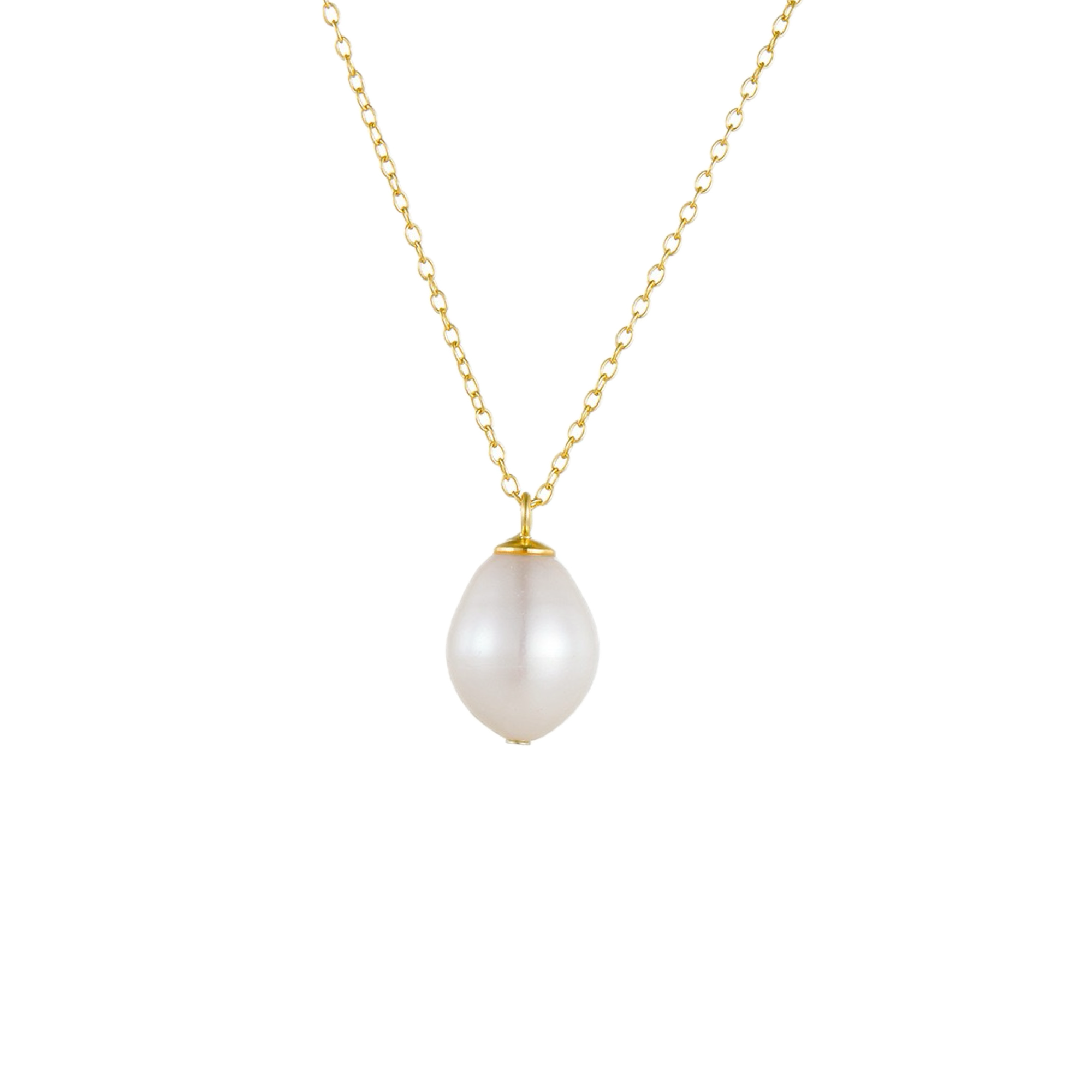 Gold necklace with dangling natural freshwater pearl.