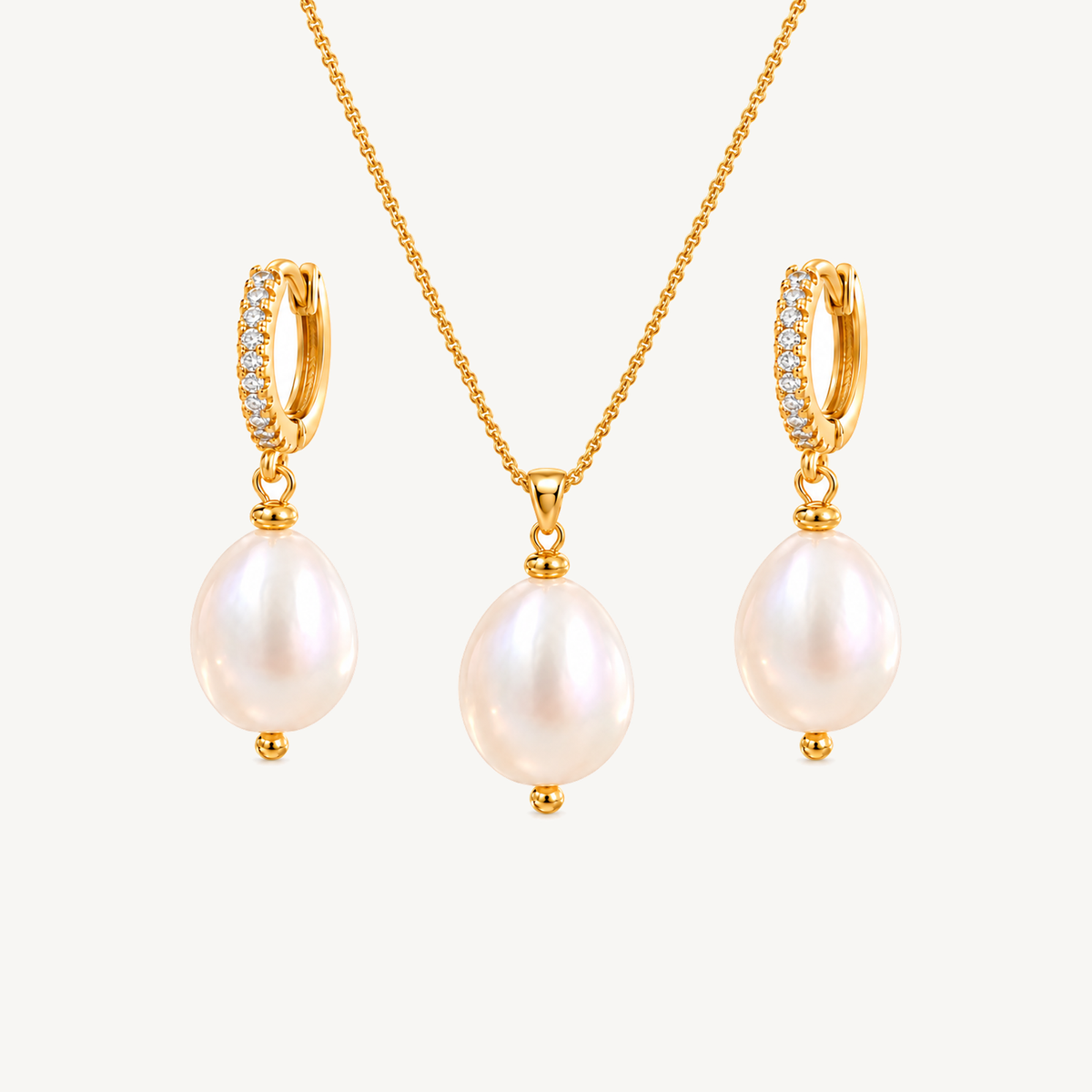 Maylohas Pearl Drop Set necklace and matching pearl huggie earrings