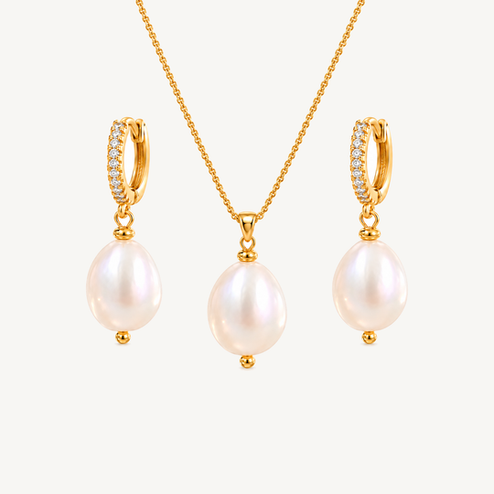 Maylohas Pearl Drop Set necklace and matching pearl huggie earrings