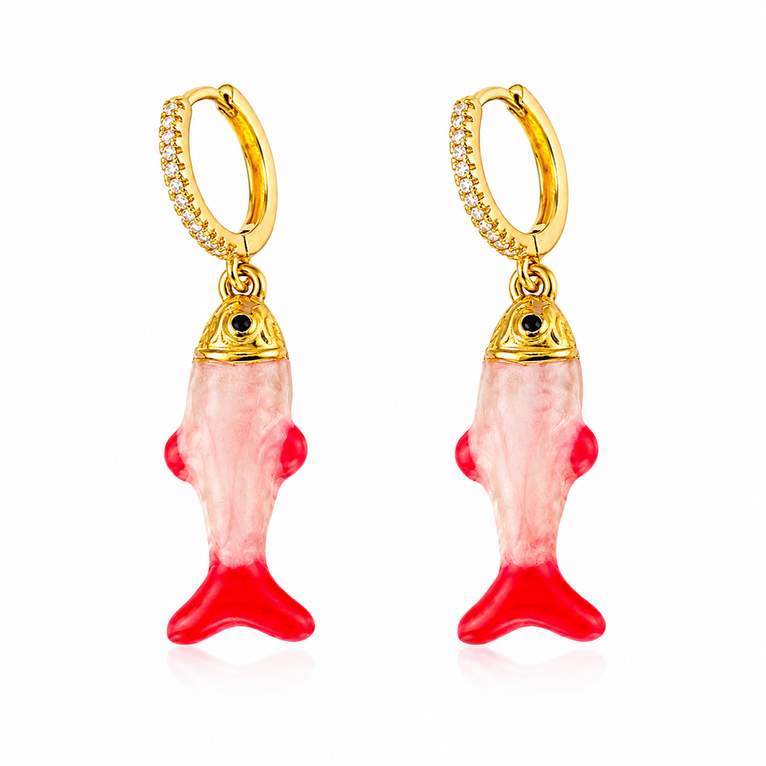 Maylohas gold CZ huggie earrings with pink fish charm