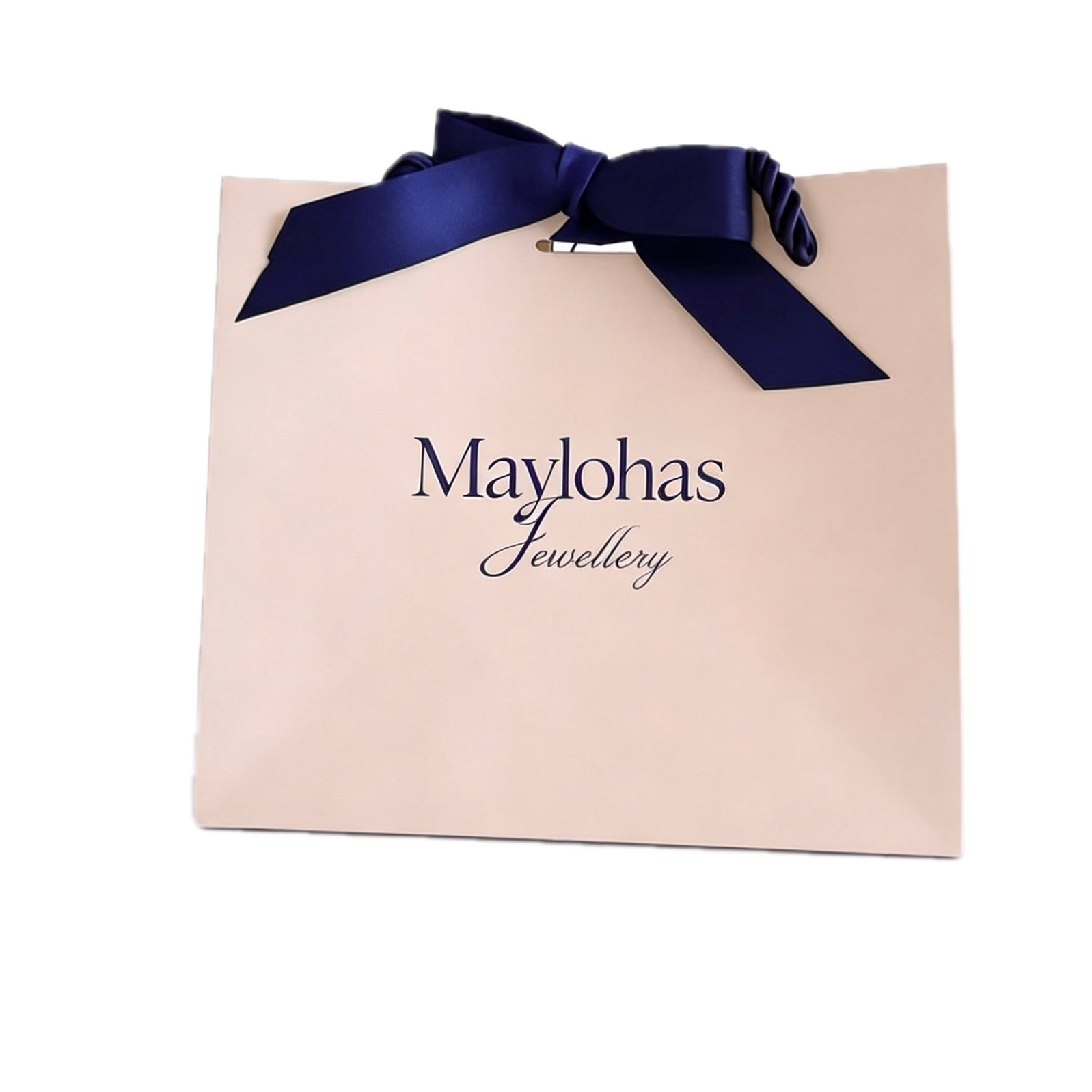 Signature Maylohas jewelry gift bag in a soft dusty pink hue, featuring a navy blue satin ribbon and the brand's elegant logo script.