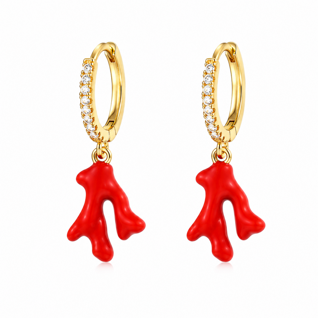 Maylohas gold CZ huggie earrings with red coral charm