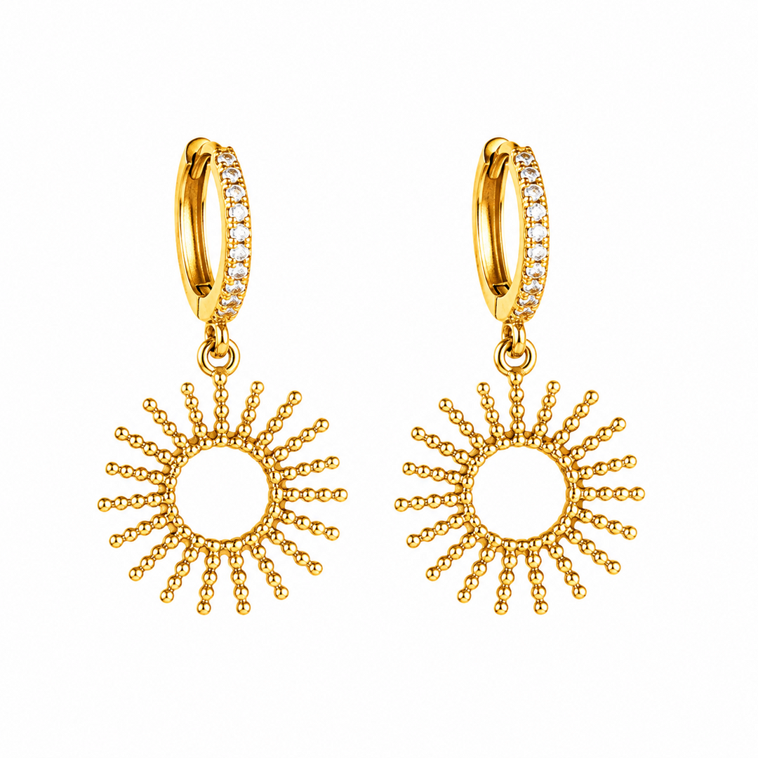 Maylohas gold CZ huggie earrings with sunburst charm