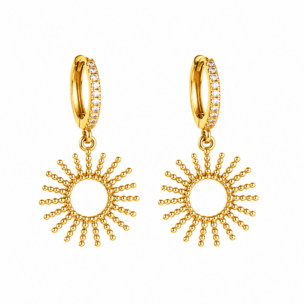 Maylohas gold CZ huggie earrings with sunburst charm