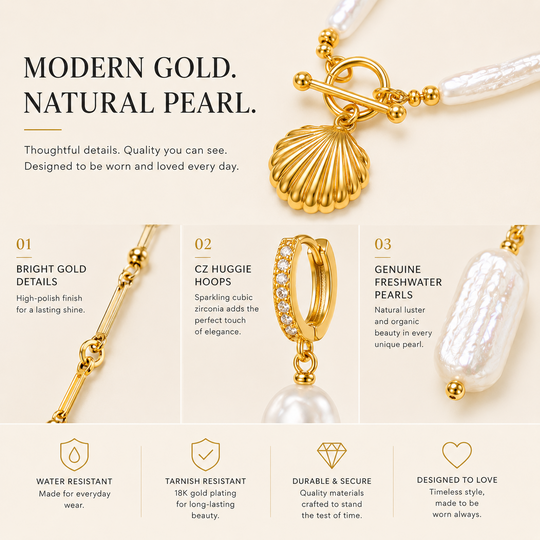 Maylohas Modern Pearl Collection gold details CZ huggie hoops and genuine freshwater pearls