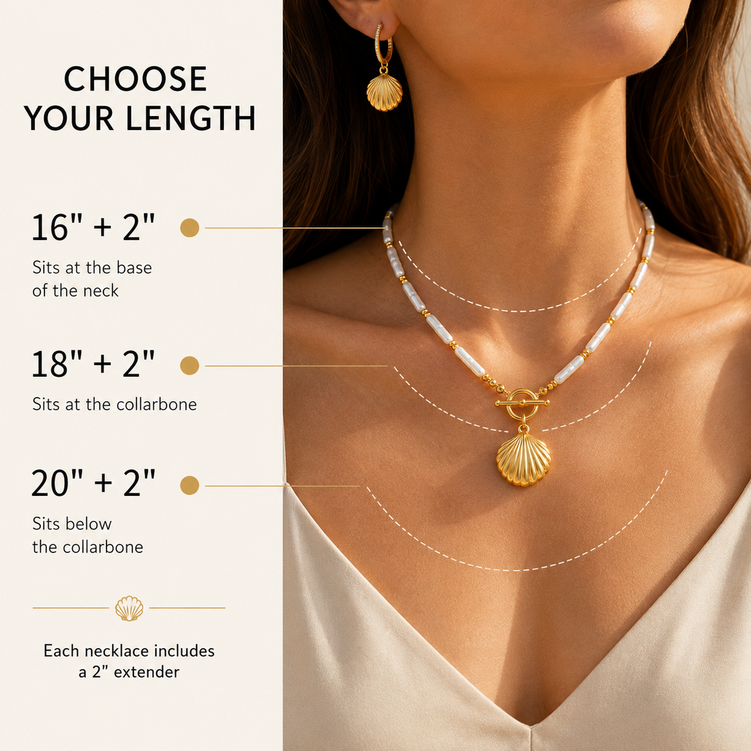 Maylohas Modern Pearl necklace length guide for 16 18 and 20 inch options with 2 inch extender