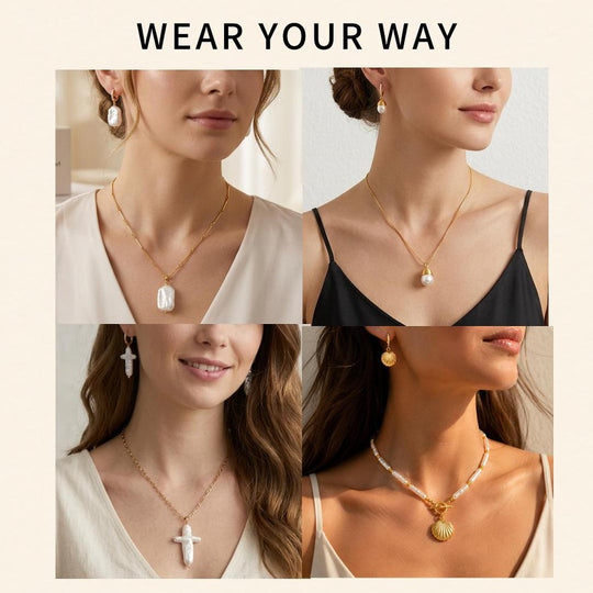 Maylohas Modern Pearl Collection styled on models including Golden Shell pearl jewelry