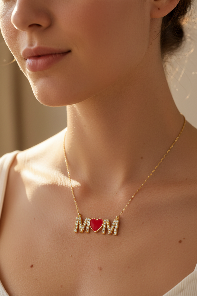 "MOM" 红心横排吊坠 - 佩戴场景图