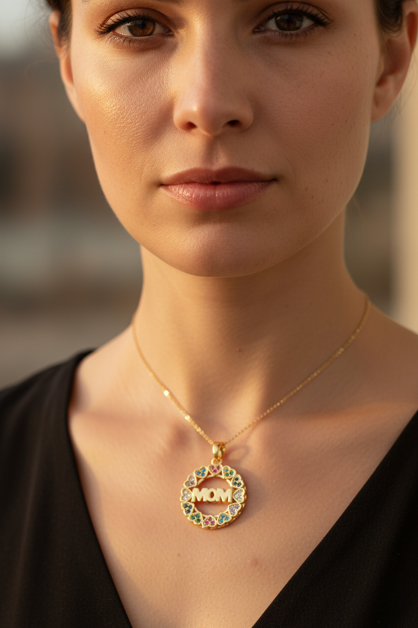 MOM彩心花环圆牌吊坠 - 母亲节佩戴场景图