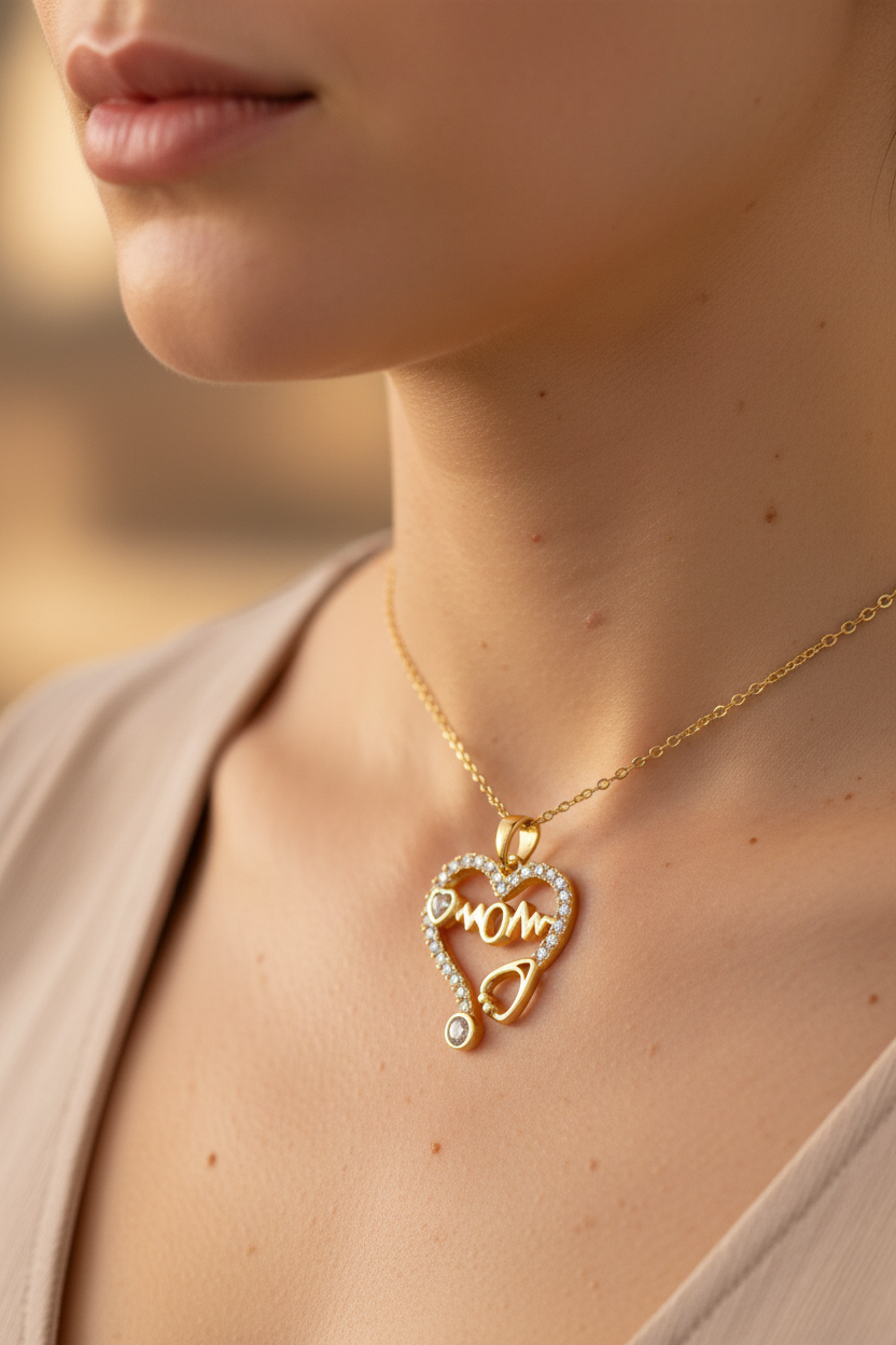 MOM听诊器心形吊坠 - 母亲节佩戴场景图