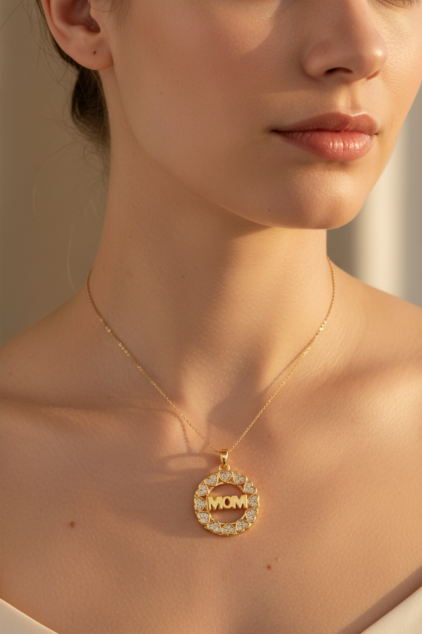 爱心花环MOM圆牌吊坠 - 佩戴场景图