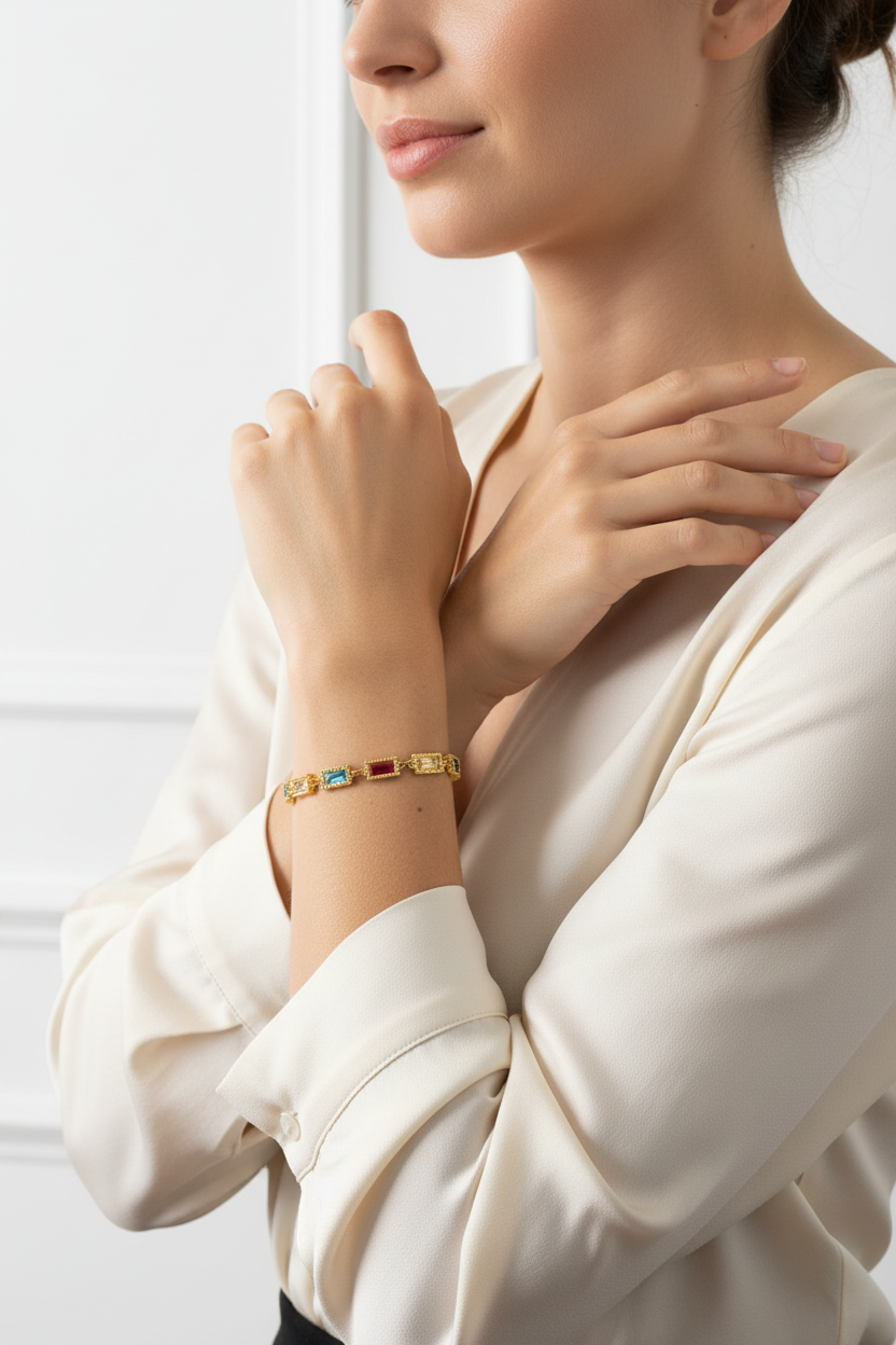 Rectangular Colored Diamond Bracelet 北美女性上半身佩戴图