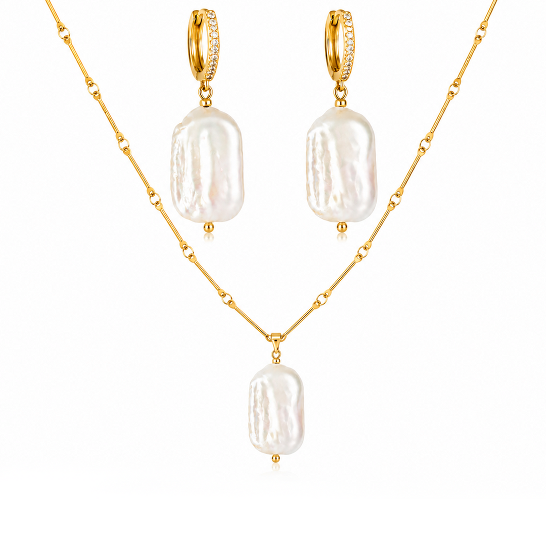 Maylohas Rectangular Pearl freshwater pearl necklace and CZ huggie earrings set