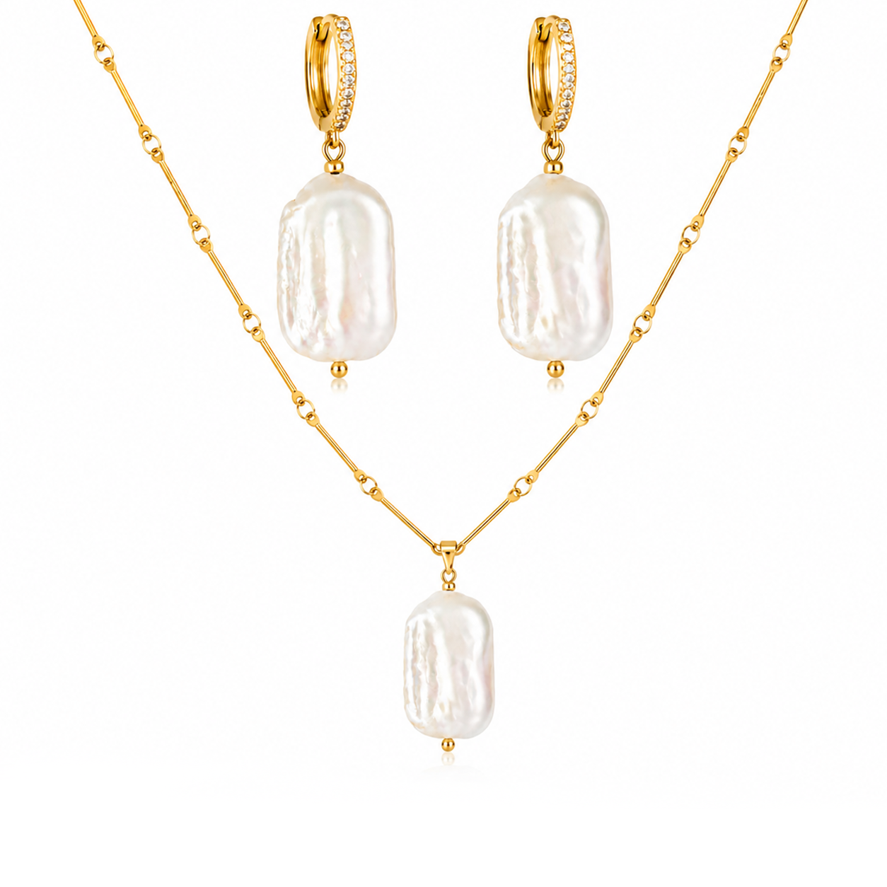 Maylohas Rectangular Pearl freshwater pearl necklace and CZ huggie earrings set